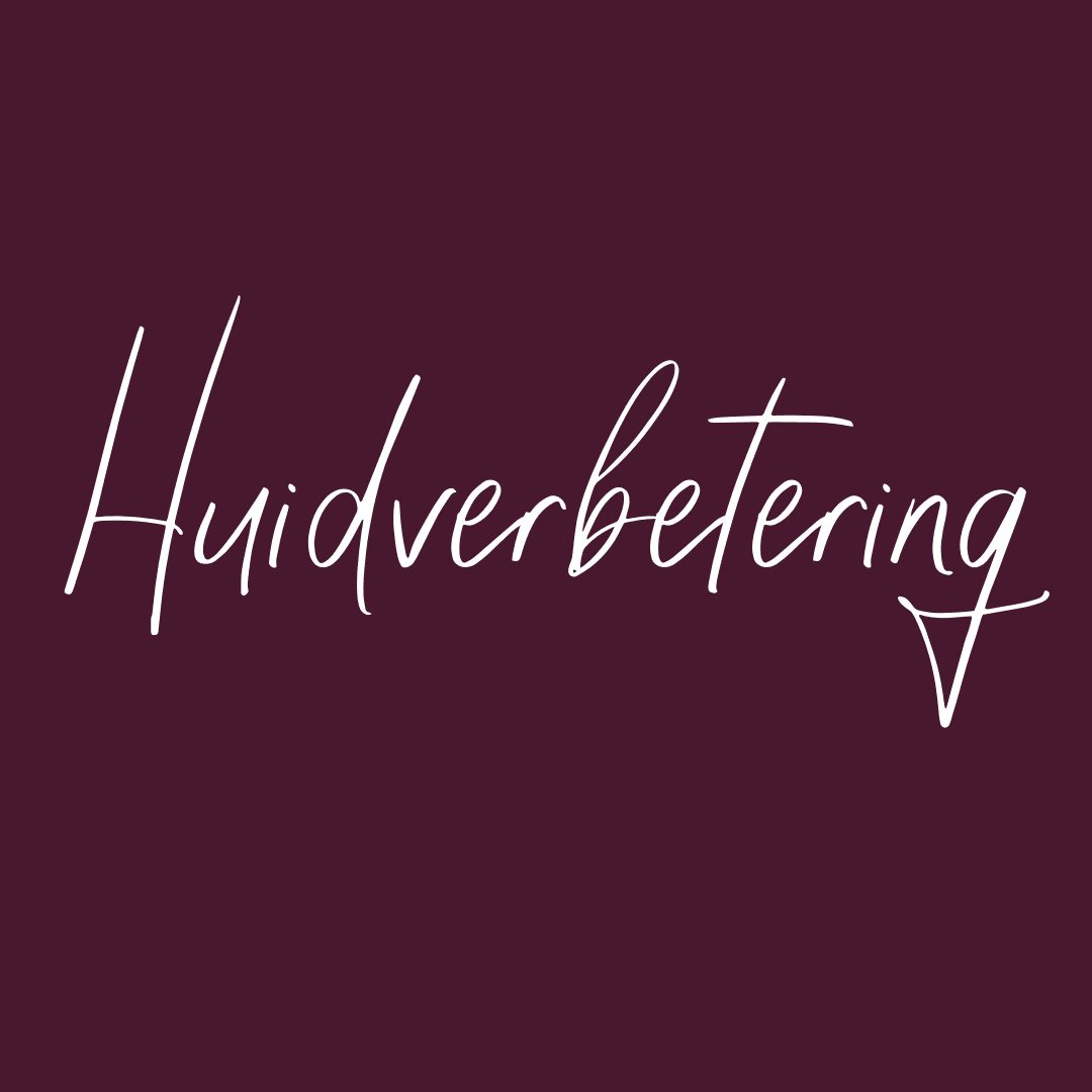 Merkafbeelding van Beauty & Browbar met het woord Huidverbetering in sierschrift op een aubergine vlak.