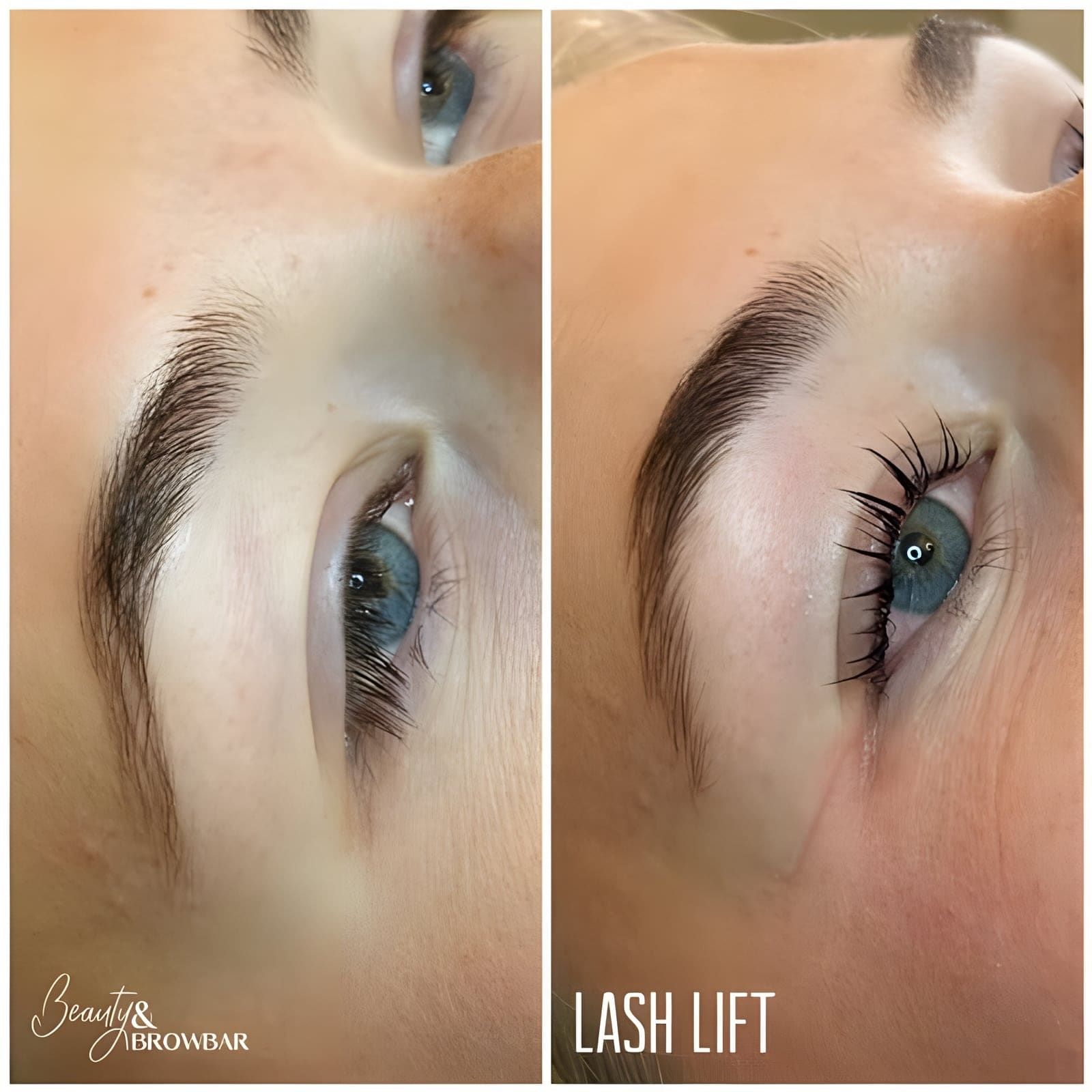 Voor en na van een lashlift, de wimpers krullen omhoog.
