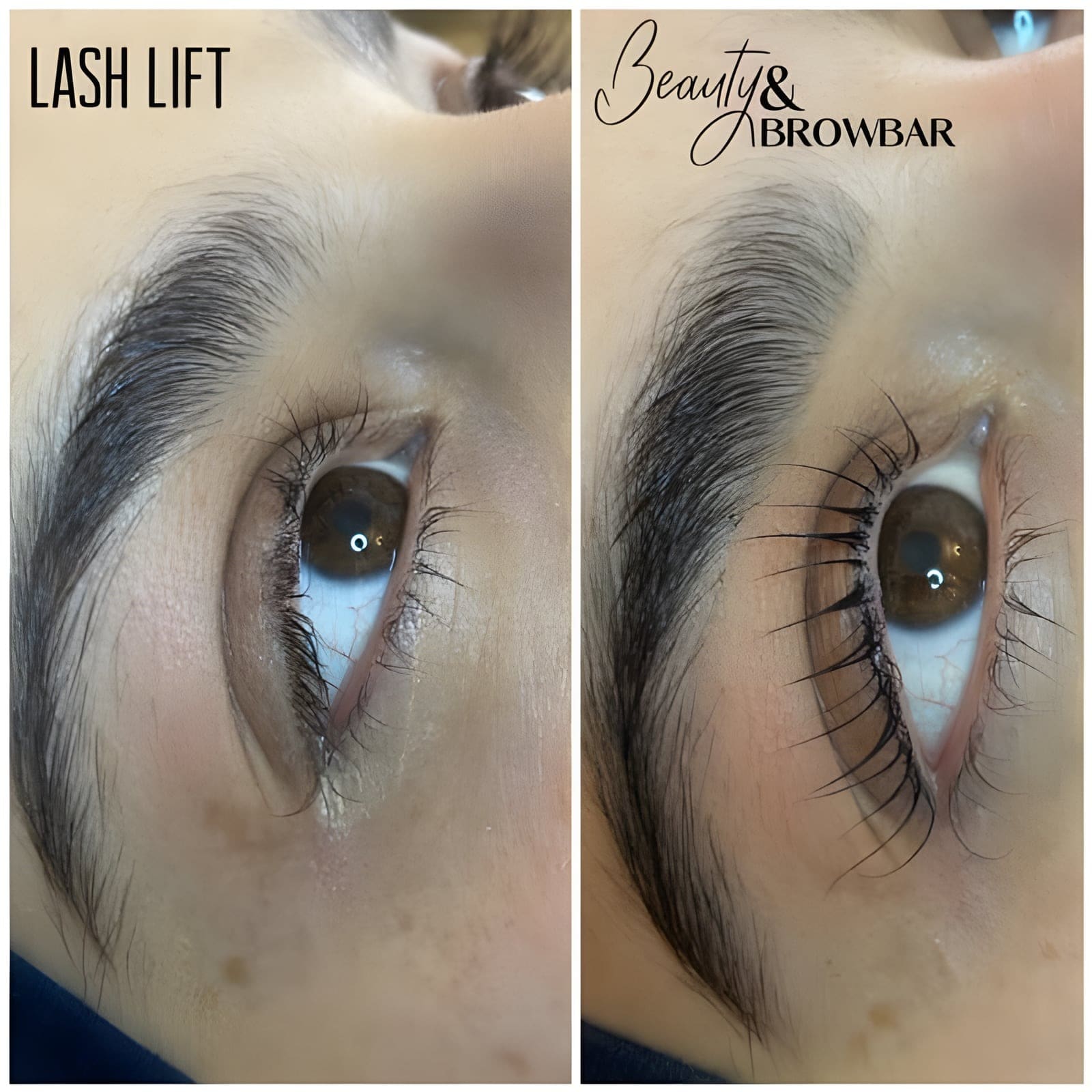 Voor en na van een lashlift: de wimpers krullen na de behandeling zichtbaar omhoog.